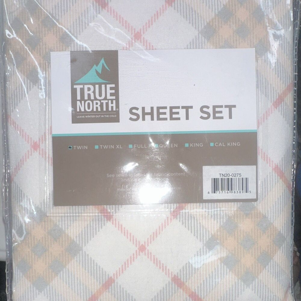 True North Twin Flannel Sheet Set Plaid Gray Beige White Pink Soft Warm